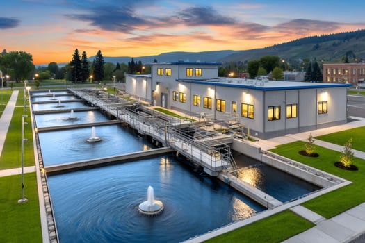 Water treatment plant purifying water at sunset with dramatic sky photo