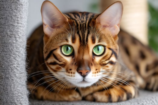 Bengal cat relaxing and showing its beautiful green eyes photo