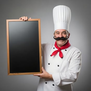 Friendly Chef Holding Blank Chalkboard for Customizable Restaurant Menu photo