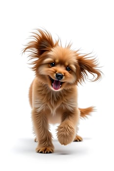 Adorable puppy running happily towards you with a big smile and wagging ears on white background photo