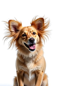 Adorable fluffy dog sitting sweetly with a happy expression against a pure white backdrop photo