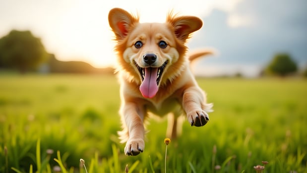 Joyful puppy leaping across sunny green meadow, tongue wagging in pure happiness and youthful exuberance photo