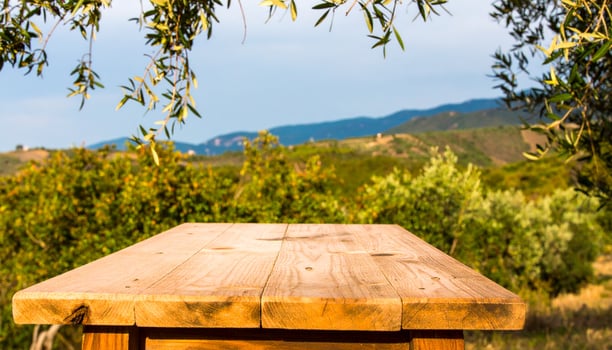 Wooden Table with Sunny Greenery Landscape Background photo