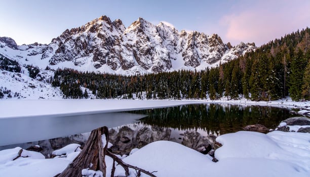 Icy Mountain Lake Reflecting Snow Peaks and Forest in Winter photo