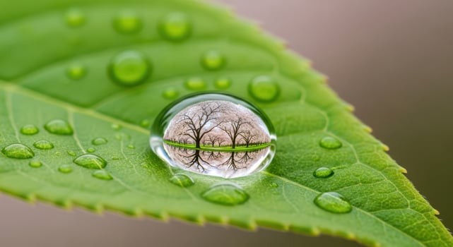 Macro water drop on green leaf reflecting bare trees and sky image photo