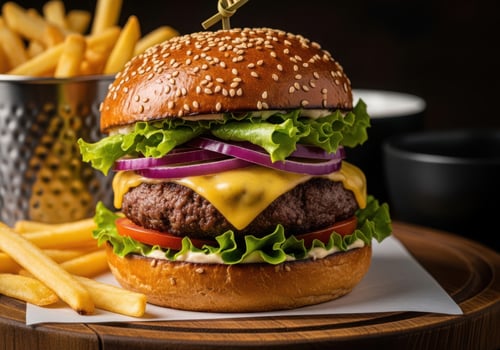 Photo of a tempting assortment of popular fast food and snacks, including pizza, burgers, fried chicken, french fries, donuts, popcorn, and candy, presented on a dark background
