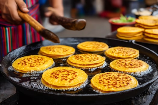 Street vendor preparing traditional arepas on hot skillet photo