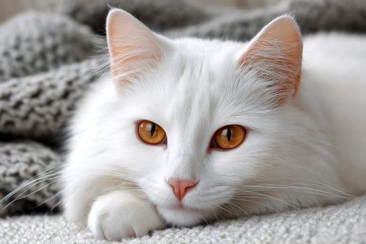 White cat relaxing on cozy blanket, adorable feline companion photo