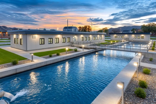 Modern water treatment plant cleaning water at sunset photo