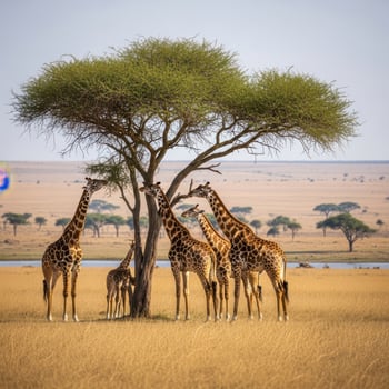 Giraffe Herd Feeding Acacia Tree African Savanna giraffes photo