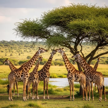 Giraffes Gathering Under Acacia Tree African Savanna Sunset photo