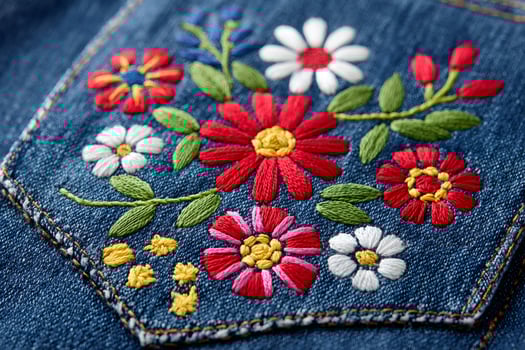 Colorful embroidered flowers add a touch of handmade charm to a denim pocket photo