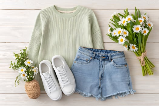 Feminine summer outfit is lying on a white wooden background with chamomile flowers photo