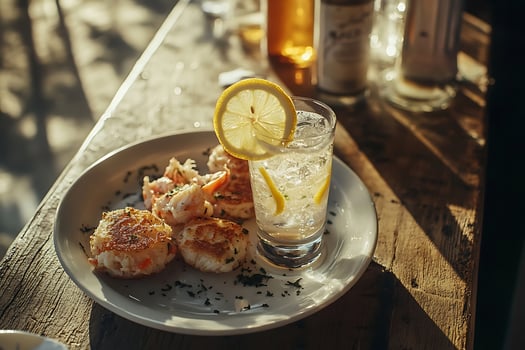 Appetizing Crab Cakes and Refreshing Drink with Lemon Slice photo