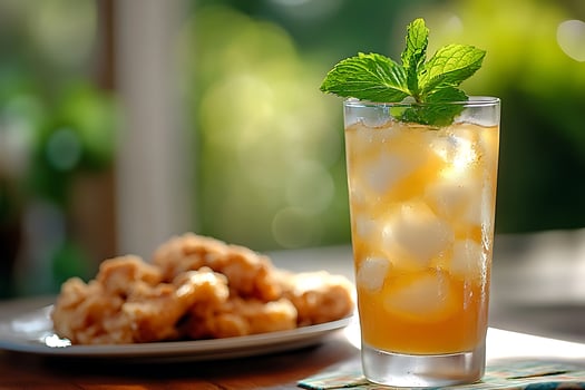 Refreshing Iced Tea With Mint and Fried Appetizers on a Sunny Day. photo