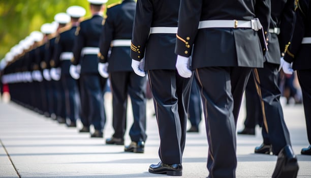Military officers stand disciplined formation, showcasing profound pride and honor. Crisp navy uniforms and white gloves convey deep respect and unity during formal ceremony, evoking strong duty photo