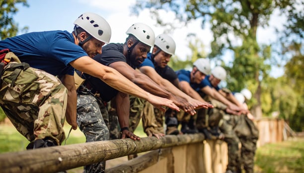 Diverse group of men in helmets and camouflage clothing demonstrate intense focus and cooperation while reaching forward on an outdoor obstacle course photo