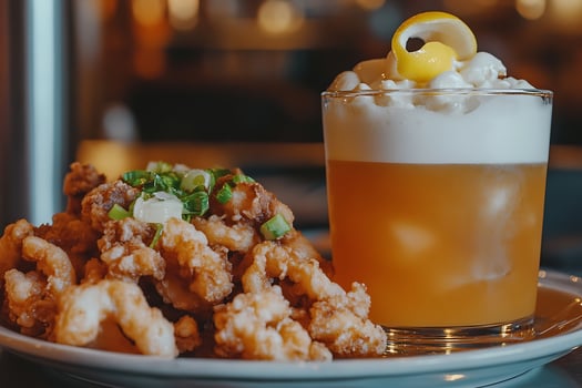 Crispy Fried Appetizer and Refreshing Citrus Cocktail Ready to Enjoy. photo