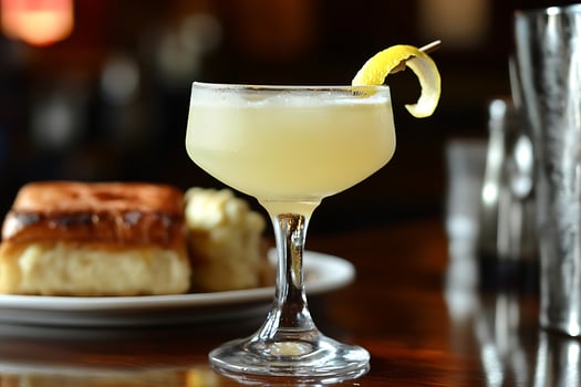 A cocktail with a lemon slice on top of it photo