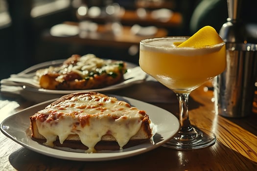 Delicious Cheese Toast and Refreshing Cocktail in Warm Lighting. photo