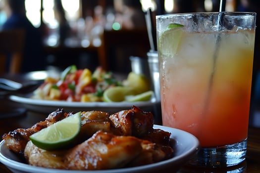 Delicious Grilled Chicken Wings and Refreshing Cocktail with Lime. photo