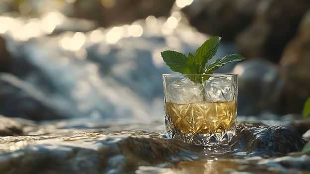 Refreshing Mint Drink in a Glass with Ice by a Stream. photo