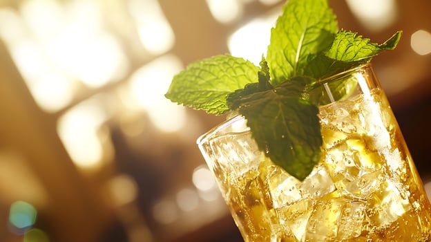 Refreshing Golden Drink with Mint and Ice Cubes in Soft Light. photo