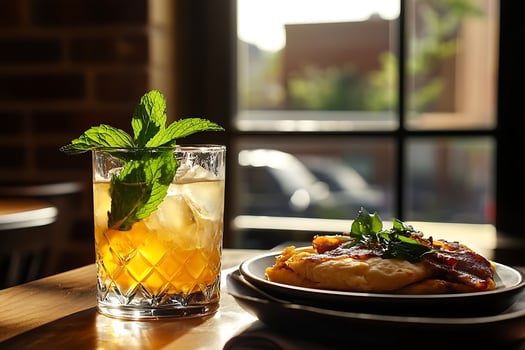Refreshing Mint Cocktail with Delicious Breakfast Bites Outdoors. photo
