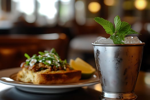 Refreshing Mint Drink and Gourmet Appetizer with Blurred Background. photo