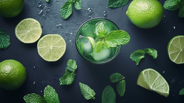 Refreshing Lime and Mint Drink with Ice and Slices on Dark Surface. photo