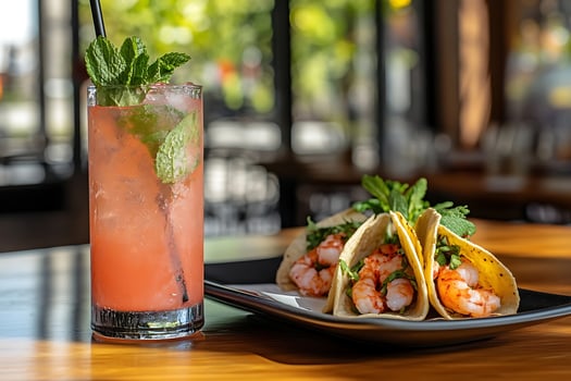 Refreshing Shrimp Tacos and a Cool Pink Drink on a Sunny Day. photo