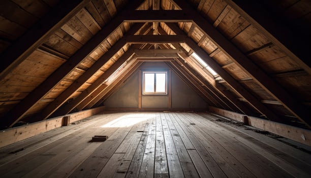 Mysterious old empty attic with wood roof and floor. Sunlight streams through single window, casting bright light and long shadow on dusty wooden floor photo