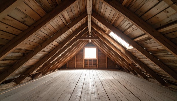 Empty wooden attic with roof beams and rafters inside house. Natural light from small window illuminates quiet space, creating sense of solitude and mystery photo
