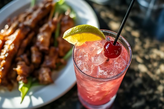 Refreshing Pink Cocktail With Cherry And Lime On A Table. photo