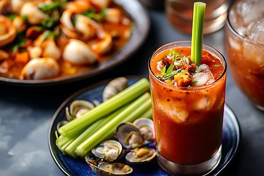 Savory Seafood and Refreshing Cocktail with Celery Sticks. photo