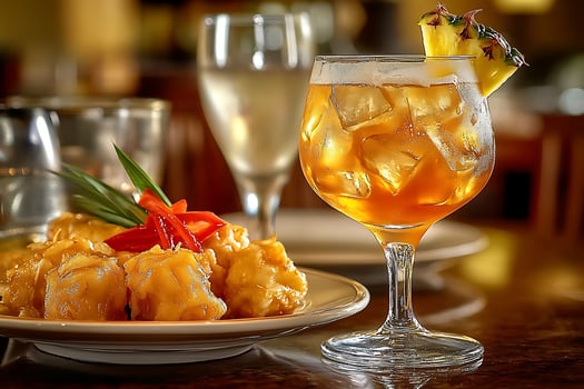 Refreshing Tropical Drink with Delicious Appetizer on Table. photo