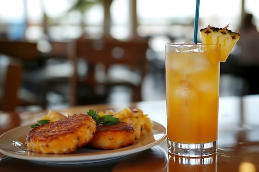 Delicious golden crab cakes served with a refreshing pineapple cocktail. photo