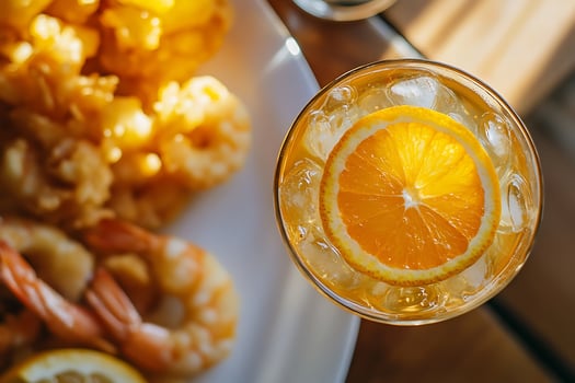 Refreshing Cocktail with Crispy Shrimp Appetizers. photo