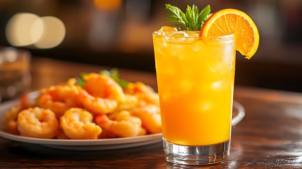 Refreshing Orange Juice and Delicious Shrimp Appetizer. photo