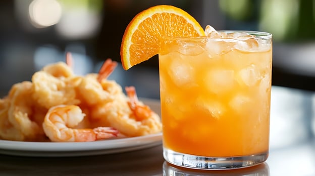 Refreshing Orange Drink With A Side Of Crispy Fried Shrimp photo