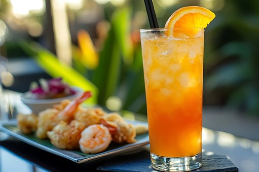 Refreshing Orange Drink and Delicious Shrimp Appetizer Perfect Summer Meal photo