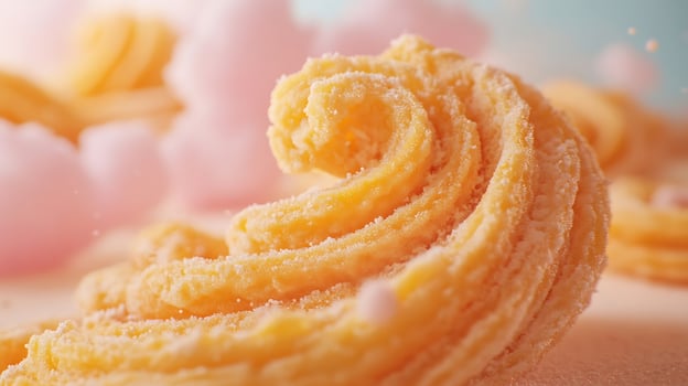Close Up of Sweet Churros with Sugar and Pink Clouds. photo