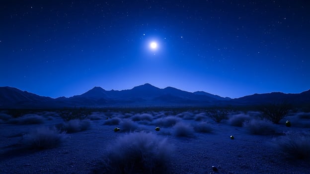 Mysterious Night Sky Over Desert Mountains with Glowing Objects. photo
