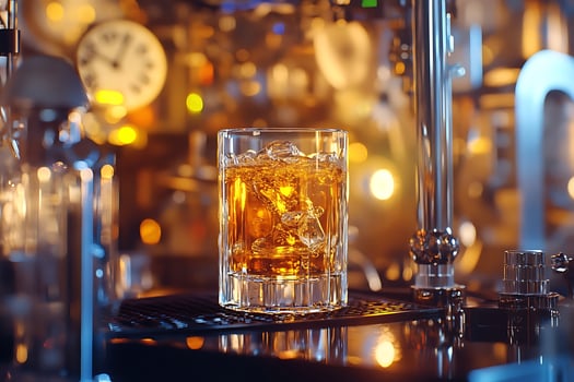 Golden Elixir on a Busy Bar Counter with Bokeh Lights. photo