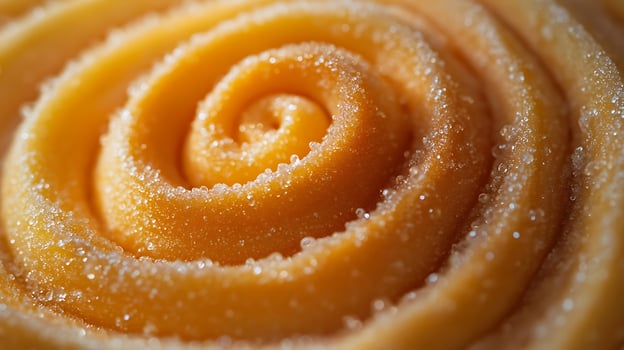 Macro View of Sugared Orange Swirl Pastry with Water Droplets. photo
