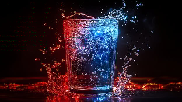Dynamic Liquid Splash in Red and Blue Neon Light. photo