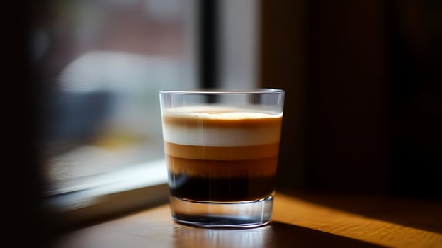 Beautiful Layered Coffee Drink in a Glass with Soft Light. photo