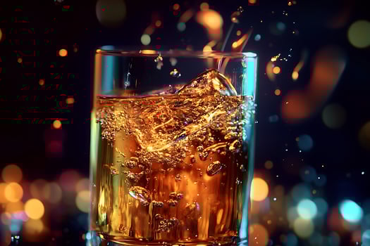 Close up of a glass of amber liquid with ice and colorful bokeh lights. photo