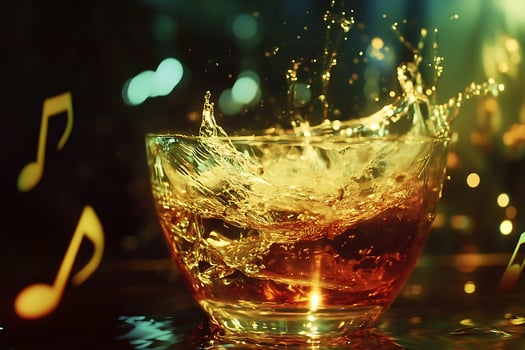 Golden Splash of Refreshment with Musical Notes in Soft Focus. photo