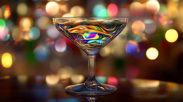 A Colorful Cocktail Shimmers in a Glass with Bokeh Lights. photo